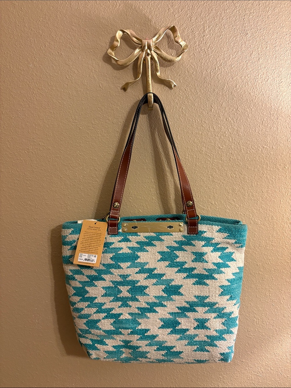 Patricia Nash Turquoise and Cream Aztec Tote with Brown Leather Straps